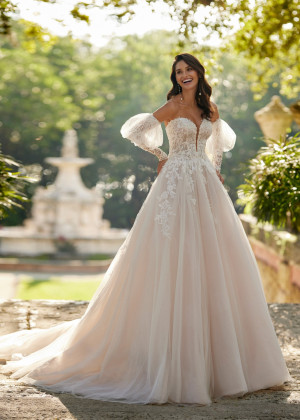 Beaded Lace Tulle Garden Wedding Dress With Detachable Sleeves